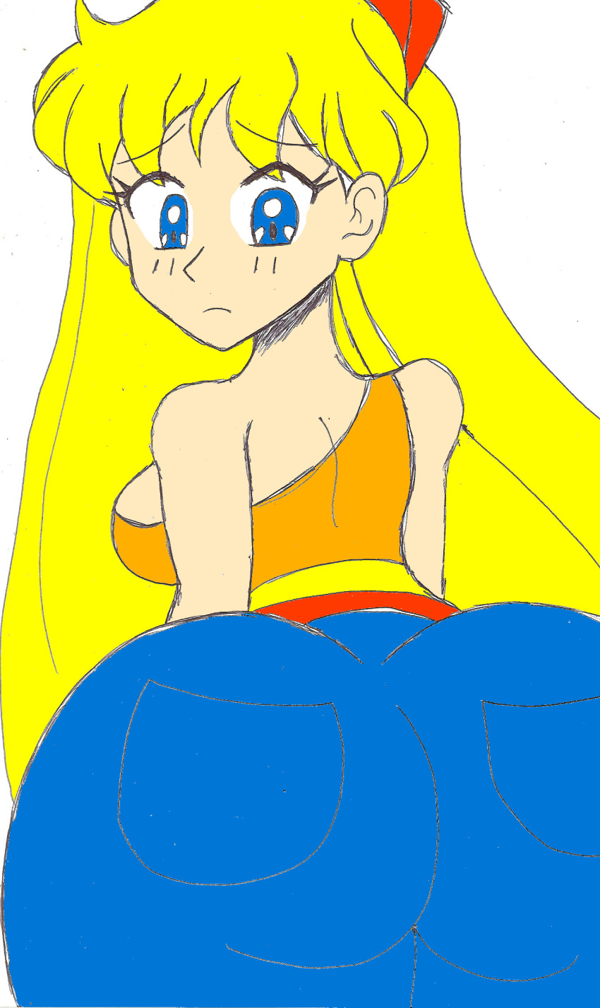 1girls ass big_ass big_butt bishoujo_senshi_sailor_moon blonde_female blonde_hair blonde_hair_female blue_eyes blue_pants breasts bubble_butt clothing deviantbuu_427 female female_only long_hair looking_back minako_aino rear_view solo solo_female