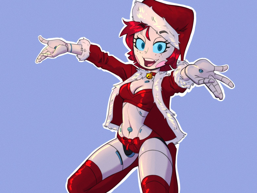 avery_the_nandroid blue_eyes blue_sclera blush breasts christmas christmas_outfit cleavage crop_top emmy_the_robot jacket kneeling long_sleeves open_arms red_hair robot robot_girl short_hair smile tagme teelokay_(artist) teeth thick_thighs thighhighs tongue wide_hips