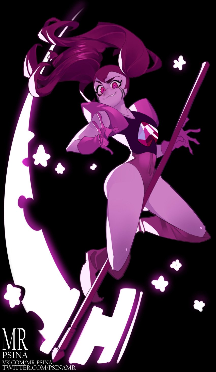 ass bodysuit boots flat_chest gem_(species) gloves long_hair looking_at_viewer mascara mascara_tears mrpsina pink_body pink_eyes pink_hair scythe shoulder_pads spinel_(steven_universe) steven_universe tagme thick_thighs tight_clothing weapon wide_hips