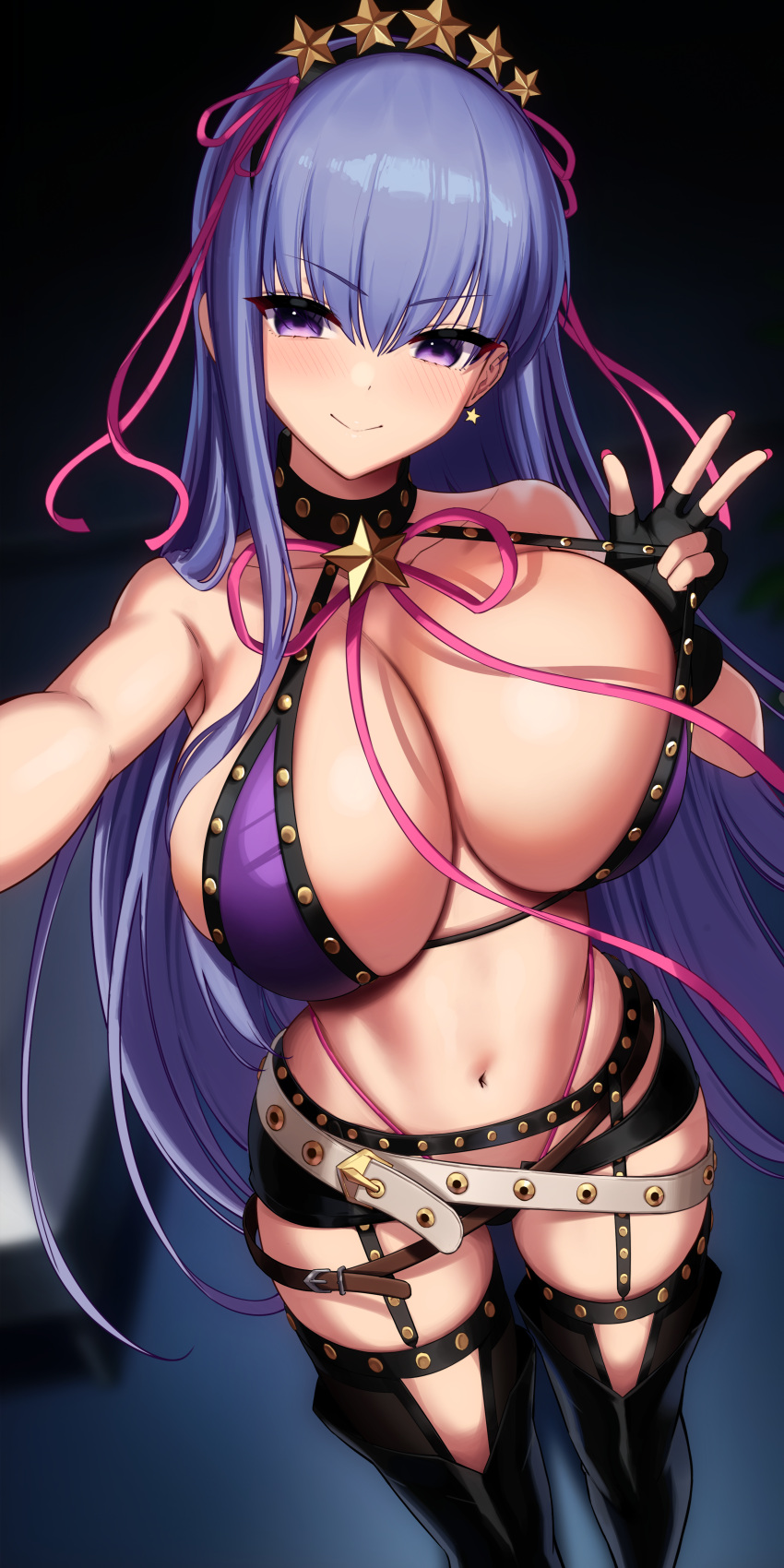 1girls bb_(fate) bb_(swimsuit_mooncancer) bikini breasts fate/grand_order fate_(series) female hi_res hips huge_breasts kook light-skinned_female light_skin naughty_face purple_eyes purple_hair selfie thick_thighs thighs wide_hips