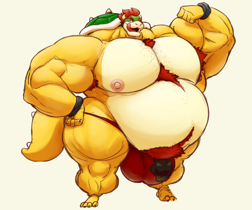 anthro bara barazoku belly bowser bulge chest_hair chest_tuft color colored colored_sketch croconut flexing flexing_bicep horns huge_belly huge_bulge huge_muscles itzcharlie koopa kosmonius licking_lips male male_only mario_(series) musclegut muscles muscular muscular_arms muscular_male nintendo nipples pecs pubic_tuft scalie shell solo solo_male speedo tail thick_thighs