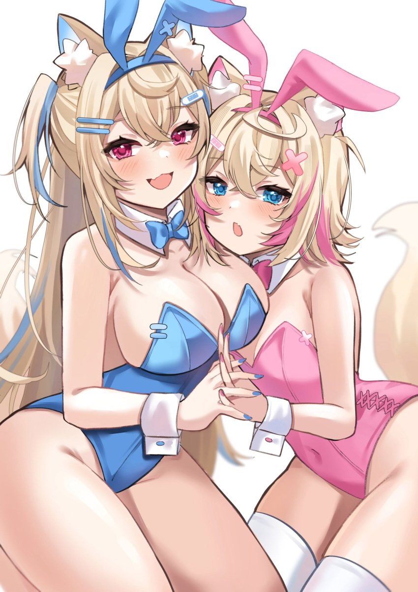 2girls animal_ears blonde_hair blue_eyes blue_nails bowtie breast_size_difference breasts bunny_ears bunny_girl bunnysuit detached_collar fake_animal_ears female fuwamoco fuwawa_abyssgard haruuukuma hi_res hololive hololive_english hololive_english_-advent- huge_breasts kemonomimi leotard light-skinned_female light_skin long_hair mococo_abyssgard nail_polish painted_nails pink_eyes pink_hair short_hair sisters small_breasts virtual_youtuber wrist_cuffs