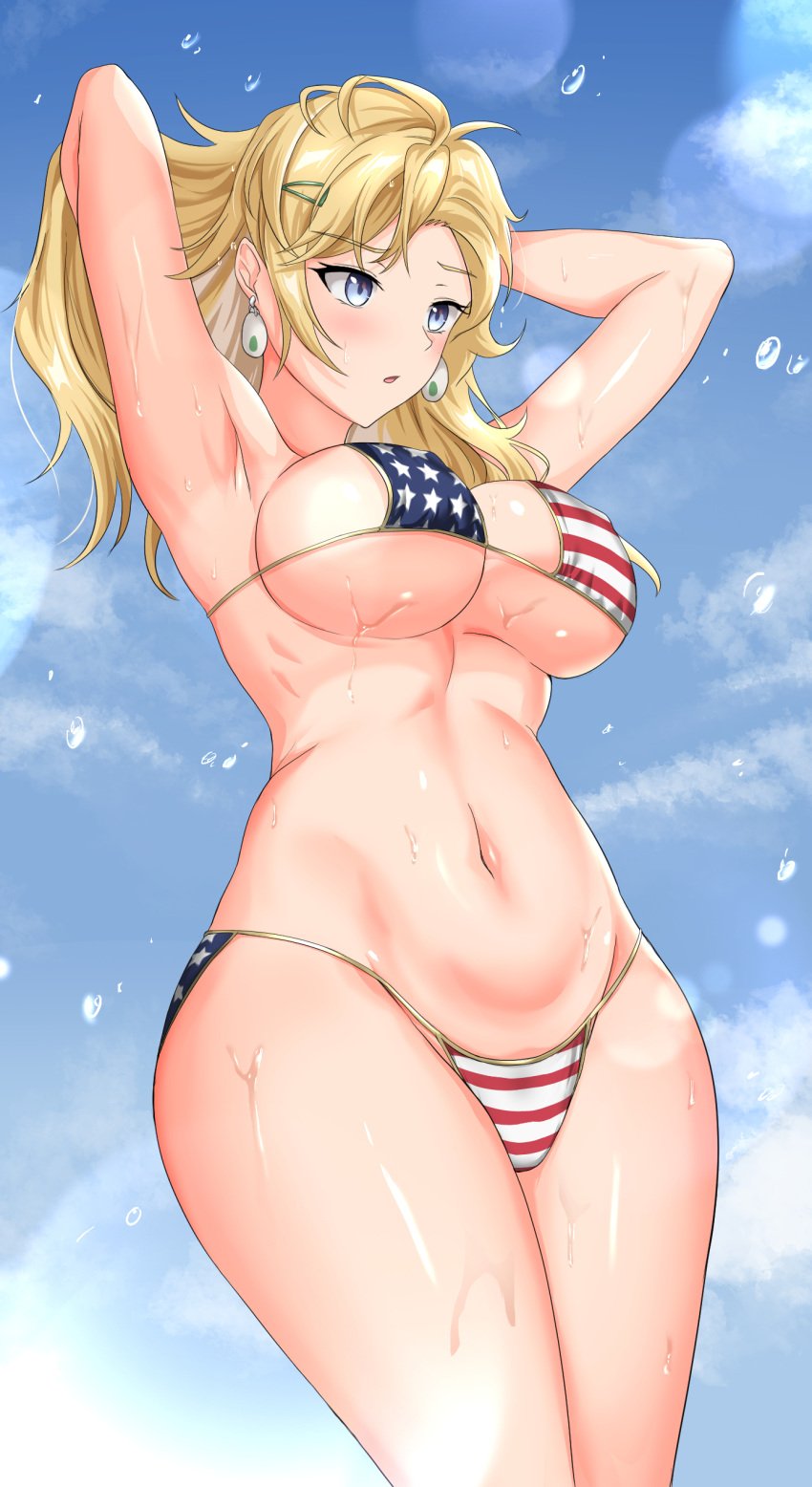 1girls american_flag_bikini arkryu big_breasts bikini blonde_hair blonney blue_eyes blush breasts earrings female flag_print from_below hairclip light-skinned_female light_skin long_hair navel reverse:1999 sky solo standing swimwear wet