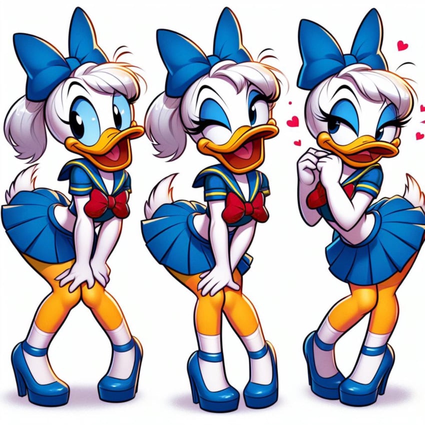 after_transformation aged_down ai_generated bow donald_duck edited feminization high_heels miniskirt rule_63 sailor_collar sailor_uniform