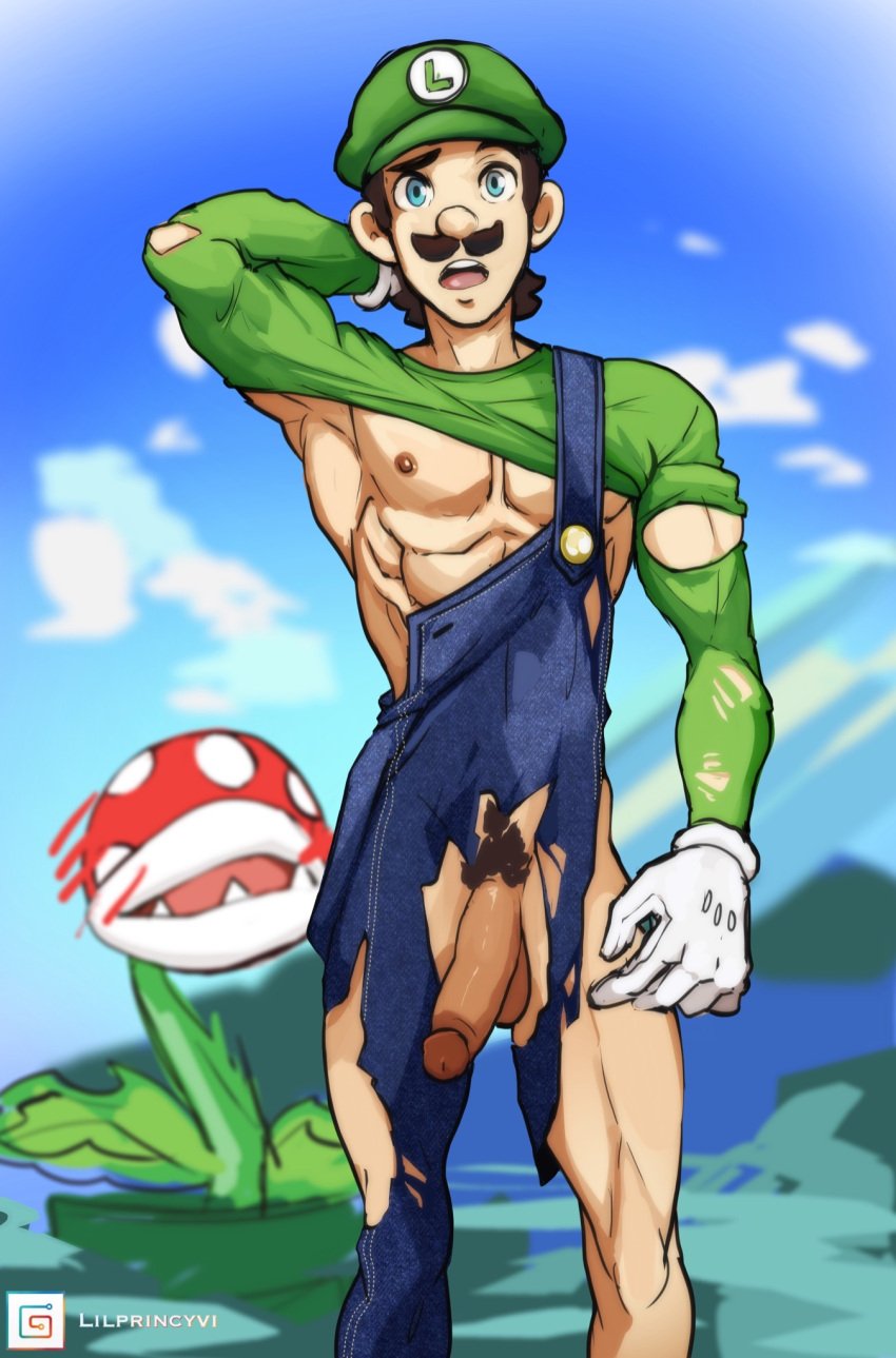 1boy big_penis idoraad lilprincyvi luigi male male_only mario_(series) outdoors piranha_plant sky standing super_mario_bros.