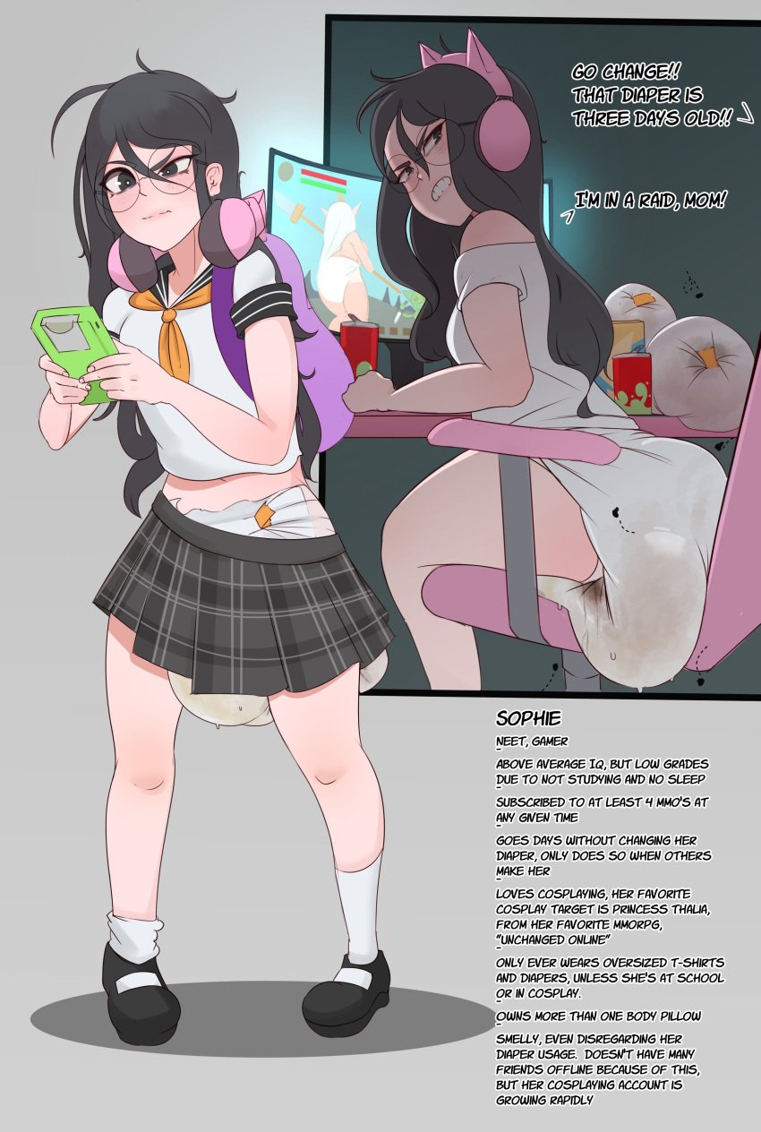 1girls angry_face angry_female backpack black_eyes black_hair casual cat_ear_headphones dialogue diaper female gamer_girl glasses headphones mary_janes messy_diaper milkriot neet original original_character scat school_uniform schoolgirl serafuku sitting skirt soiling sophie_(milkriot) thalia_(unchanged) wet_diaper