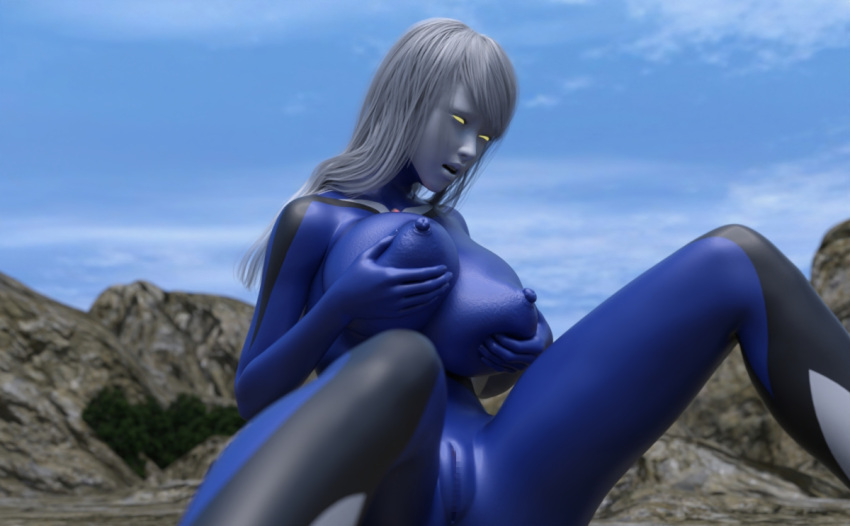 3d alien alien_girl alien_humanoid glowing_eyes landscape large_breasts nude nude_female original original_character outside silver_hair thick_thighs ultraman_(franchise) ultrawoman yellow_eyes yoidore