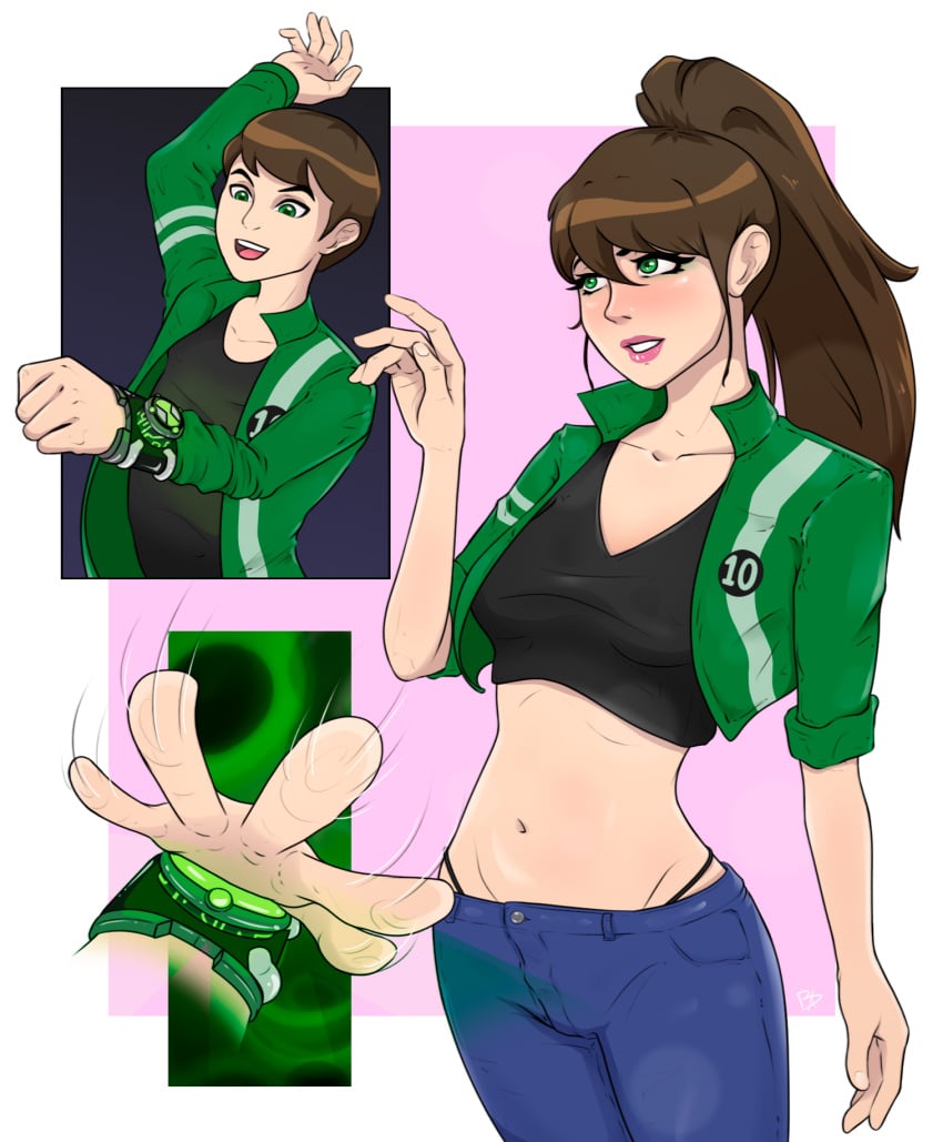 ben_10 ben_tennyson ben_tennyson_(alien_force) brown_hair female female_ben gender_transformation green_eyes green_jacket jen_tennyson male midriff mtf_transformation omnitrix ponytail rule_63 short_jacket thong_aside transformation transformation_sequence white_background