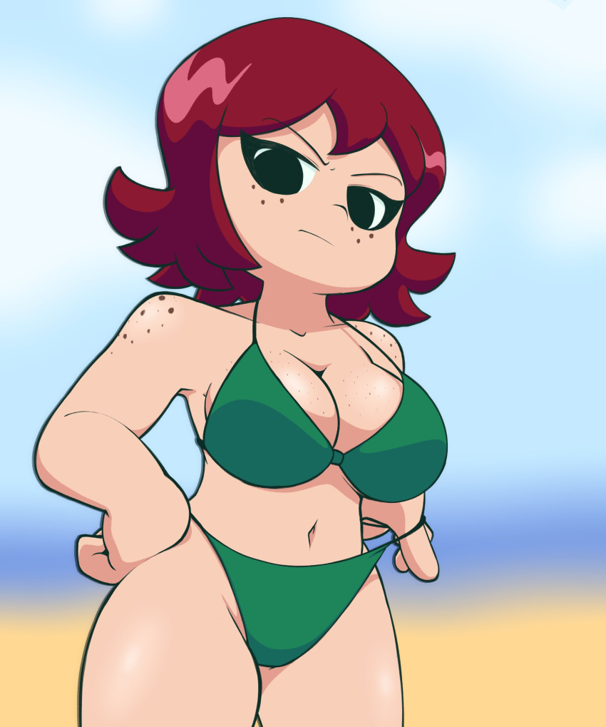 2023 beach bikini bikini_bottom bikini_top black_eyes breasts cleavage female female_focus female_only four-pundo freckles freckles_on_face freckles_on_shoulders green_bikini hands_on_hips kim_pine panties red_hair scott_pilgrim short_hair thick_thighs thighs