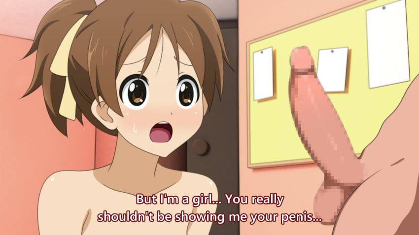 1boy accurate_art_style brown_eyes brown_hair censored door erection female highres indoors k-on! looking_at_penis mosaic_censoring nepiris nude open_mouth paper penis penis_awe ribbon testicles text ui_hirasawa_(k-on!) yellow_ribbon