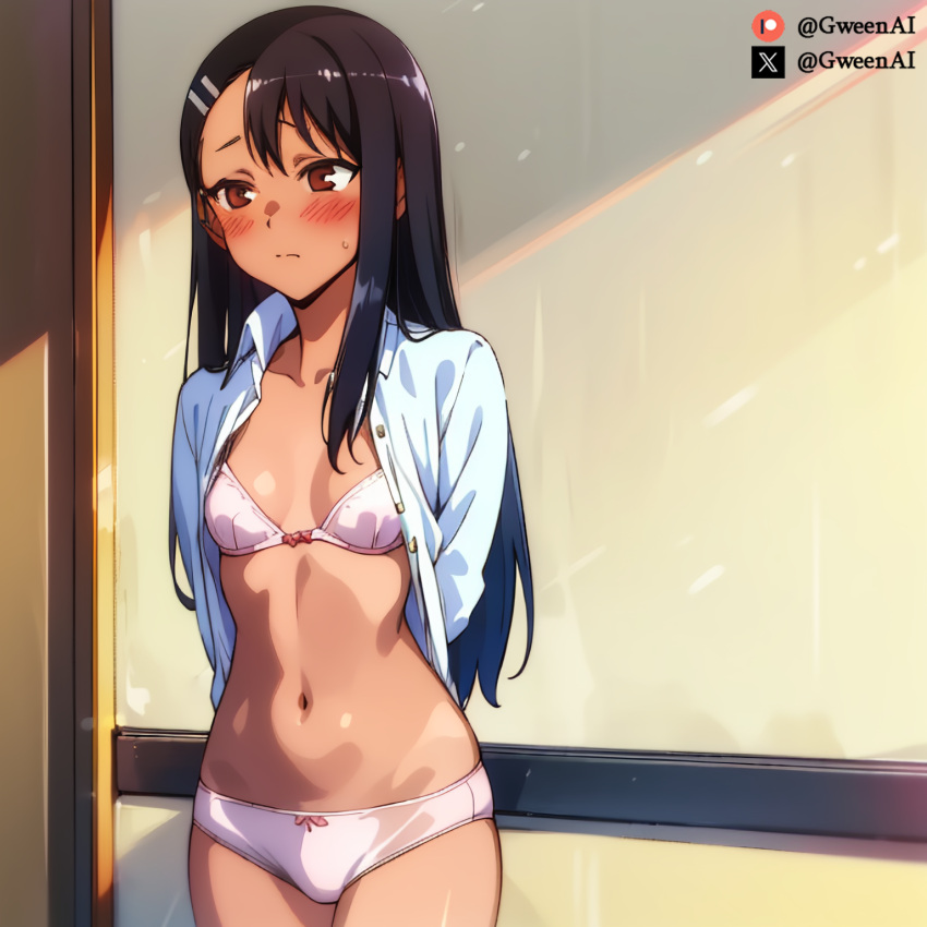 1girls ai_generated black_hair blush breasts female female_only gweenai hayase_nagatoro human indoors lingerie looking_at_viewer nude please_don't_bully_me,_nagatoro small_breasts solo source_removed stable_diffusion tan_body underwear undressing young