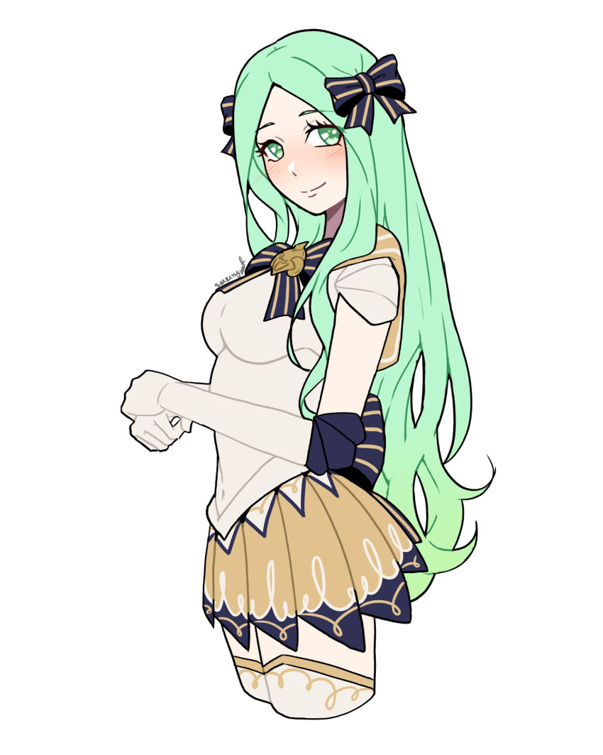 1girls alternate_costume back_bow bishoujo_senshi_sailor_moon bow bowtie breasts clothing cosplay crossover elbow_gloves female female_only fire_emblem fire_emblem:_three_houses from_side gloves gradient_hair green_eyes green_hair hair_bow highres long_hair looking_at_viewer medium_breasts miniskirt multicolored_hair nintendo pleated_skirt rhea_(fire_emblem) sailor_moon_(cosplay) sailor_senshi signature simple_background skirt smile smkittykat solo stockings striped_bow thighhighs uniform white_background white_gloves