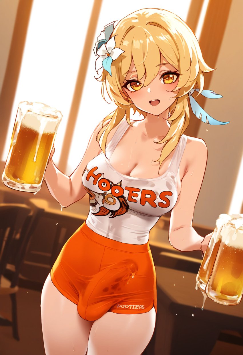 1futa ai_generated alcohol ball_bulge balls balls_under_clothes beer beer_mug blonde_hair breasts bulge bulge_through_clothing casual casual_boner casual_ejaculation casual_erection clothed crop_top cum cum_drip cum_on_clothes cum_on_penis cum_through_clothes cumdrip dickgirl doseogwan ejaculation ejaculation_under_clothes employee_uniform erect_penis erection erection_under_clothes femboy futa_only futanari genshin_impact hair_flower hands-free handsfree_ejaculation holding_beer holding_object hooters hooters_uniform indoors long_penis looking_at_viewer lumine_(genshin_impact) open_mouth orange_shorts orgasm_without_stimulation penis penis_bulge penis_under_clothes short_hair short_shorts shorts smile solo solo_futa spontaneous_ejaculation spontaneous_orgasm standing sweat tank_top tenting thighs visible_penis_shape waitress white_tank_top yellow_eyes