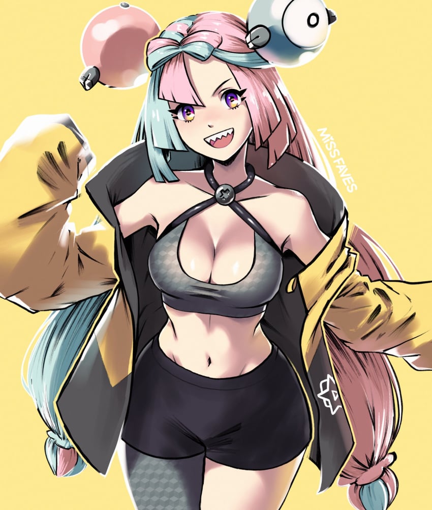 :d black_shorts blue_hair bow-shaped_hair breasts character_hair_ornament cleavage commentary creatures_(company) criss-cross_halter cropped_shirt english_commentary female game_freak grey_pantyhose grey_shirt hair_ornament halterneck hexagon_print highres iono_(pokemon) jacket long_hair low-tied_long_hair low_twintails medium_breasts midriff missfaves multicolored_hair navel nintendo open_clothes open_jacket open_mouth oversized_clothes pantyhose pink_eyes pink_hair pokemon pokemon_sv sharp_teeth shirt short_shorts shorts single_leg_pantyhose sleeveless sleeveless_shirt sleeves_past_fingers sleeves_past_wrists smile solo teeth twintails two-tone_hair very_long_hair yellow_background yellow_jacket