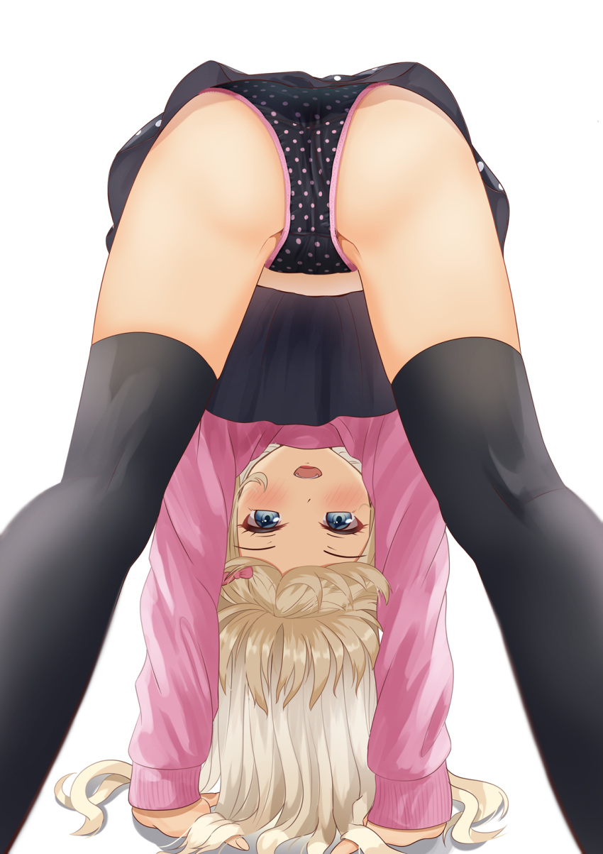 arm_support ass bent_forward bent_over blush cleft_of_venus grecale_(kantai_collection) kantai_collection looking_back panties polka_dot smile thighs upside-down upskirt zuki