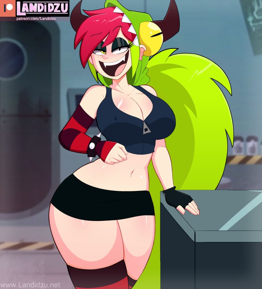 1girls 2022 2022s artist_name artist_signature bare_shoulders belly_button big_breasts bracelet breasts cartoon_network cleavage crop_top demencia_(villainous) fangs female female_focus female_only gloves green_hair headgear hi_res landidzu long_hair mascara navel red_hair skirt smile spiked_bracelet stockings striped_thighhighs tagme teeth thick_thighs thighhighs thighs tongue villainous voluptuous white_hair wide_hips yellow_eyes zipper