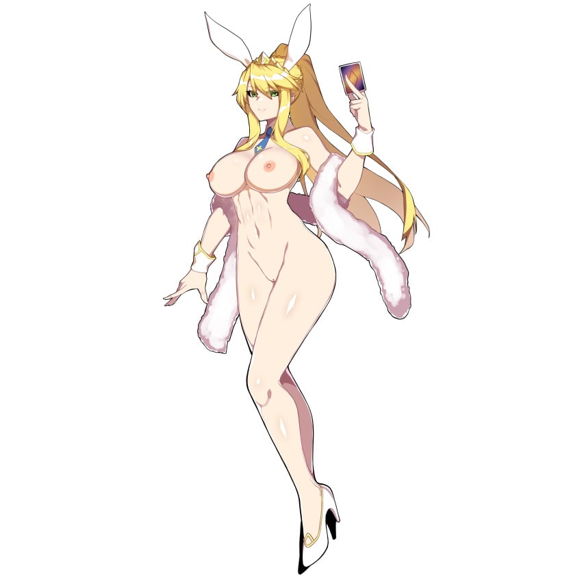 artoria_pendragon artoria_pendragon_(lancer) blonde_hair bunny_ears completely_nude completely_nude_female fate/grand_order fate_(series) green_eyes high_heels large_breasts long_hair nude playing_card standing terebozu92 transparent_background wrist_cuffs