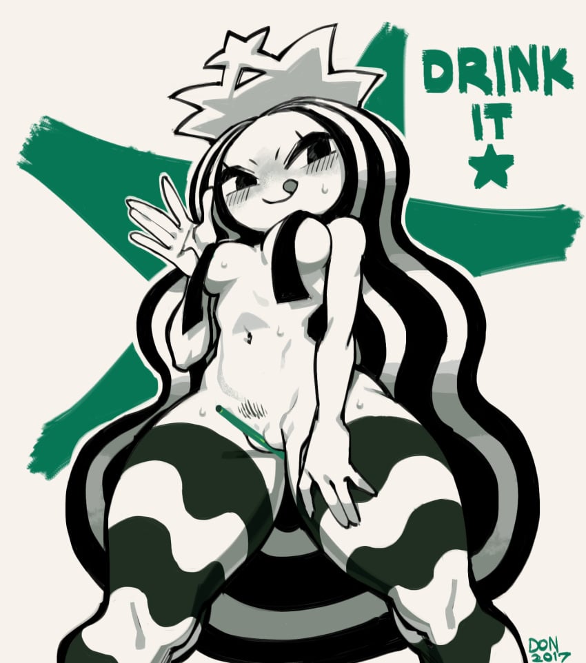 1girls :d abs between_labia blush breasts covered_nipples drinking_straw drinking_straw_in_pussy female highres innie_pussy nude open_mouth pussy simple_background smile solo starbucks starbucks_siren starbucks_siren_(gashi-gashi_redesign) taikodon text thick_thighs thighs wet