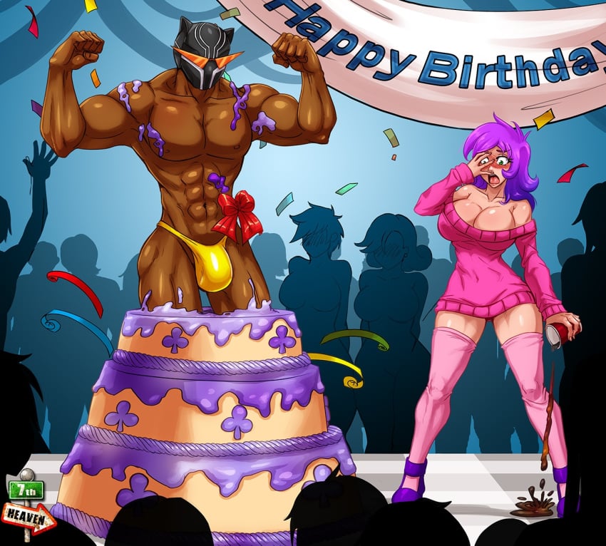 7th-heaven abs birthday black_panther_(marvel) black_panther_(series) breasts bulge cake_stripper cleavage crossover dark-skinned_male dark_skin female large_breasts large_penis light-skinned_female light_skin male marvel mask muscles muscular_male straight stripper t'challa wendolin