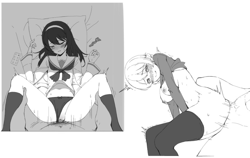 2girls absurdres blush bra bra_lift braid breasts closed_mouth condom crown_braid darjeeling drugs flat_chest girls_und_panzer greyscale hairband highres icarus_(632247131) large_breasts long_hair lying missionary monochrome multiple_girls navel nipples on_back on_side panties panties_aside parted_lips reizei_mako sailor_collar sailor_shirt school_uniform sex shirt shirt_lift simple_background sleeping socks straight sweat thighhighs trembling underwear used_condom wavy_mouth white_background