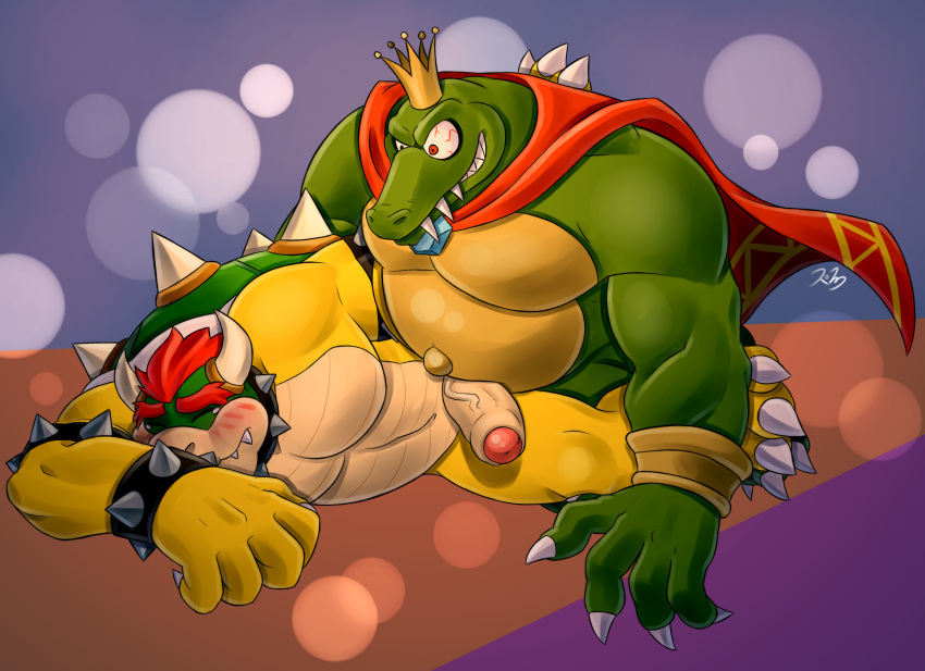 2boys anal anal_sex anthro anthro_on_anthro bara barazoku barefoot biceps blush bowser cape claws closed_eyes clothing crocodilian crossover crown donkey_kong_(series) erection fangs foreskin from_behind_position gay glans hair headgear hi_res horn humanoid_penis k_rool koopa kremling looking_at_another lying male male_only manly mario_(series) multiple_boys musclegut muscular navel nintendo nude on_side partially_retracted_foreskin pecs penetration penis red_eyes reptile rolz royalty scalie sex sharp_claws sharp_teeth shell smile spikes tears teeth toe_claws triceps uncut vein veiny_penis video_games yaoi