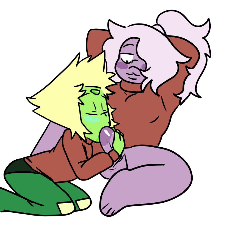 2girls amethyst_(steven_universe) balls blush bottomless dickgirl fellatio female futanari green_skin intersex penis peridot_(steven_universe) pervohyena purple_skin steven_universe sweater