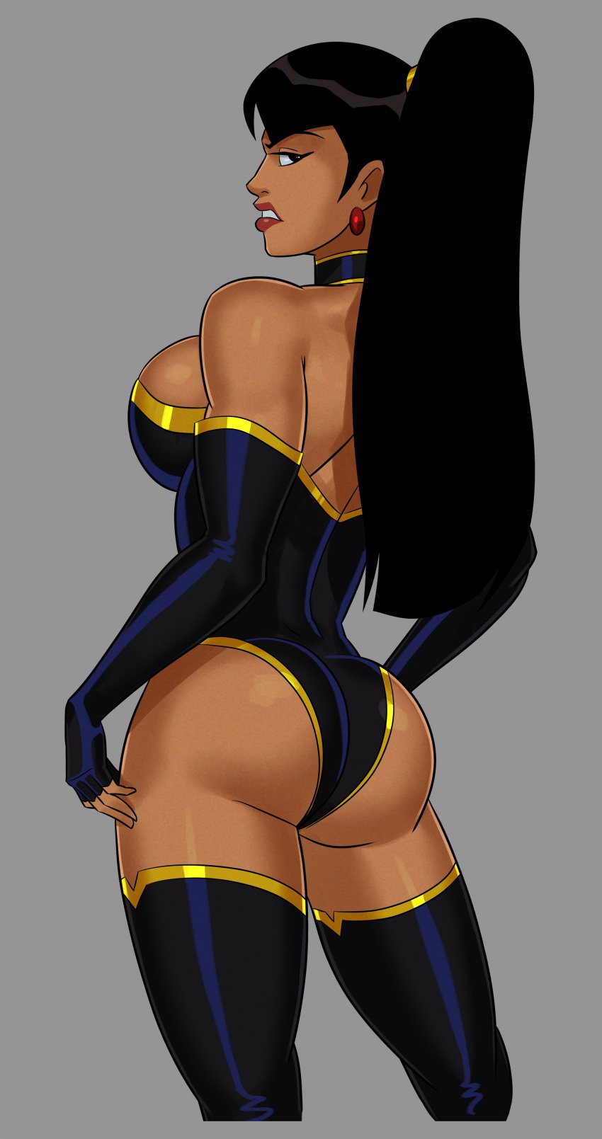 1girls angry ass bangs biceps black_elbow_gloves black_eyes black_hair black_leotard black_thighhighs choker covered_breasts dc dc_comics dcuaom earrings elbow_gloves female female_only gold_trim hourglass_figure justice_league:_crisis_on_two_earths large_breasts leotard long_hair looking_at_viewer looking_back muscular_female no_pubic_hair ponytail red_lips solo sunsetriders7 superwoman superwoman_(mary_batson) thick_thighs thighhighs