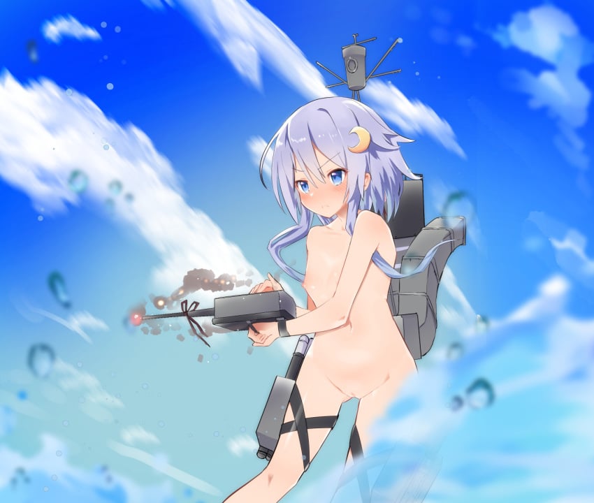 blue_eyes caburi caburi_aki closed_mouth cloud cloudy_sky collarbone crescent crescent_hair_ornament day female female flat_chest hair_between_eyes hair_ornament kantai_collection long_hair nipples outdoors purple_hair pussy sky solo uncensored v-shaped_eyebrows water weapon yayoi_(kantai_collection)