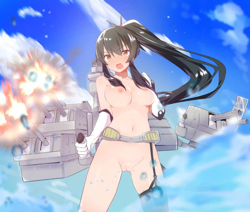 black_hair blue_sky blush breasts caburi caburi_aki collarbone female female gloves kantai_collection legs_apart long_hair machinery medium_breasts navel nipples nude open_mouth pussy shiny shiny_skin single_thighhigh sky solo thighhighs uncensored v-shaped_eyebrows weapon white_gloves yahagi_(kantai_collection)