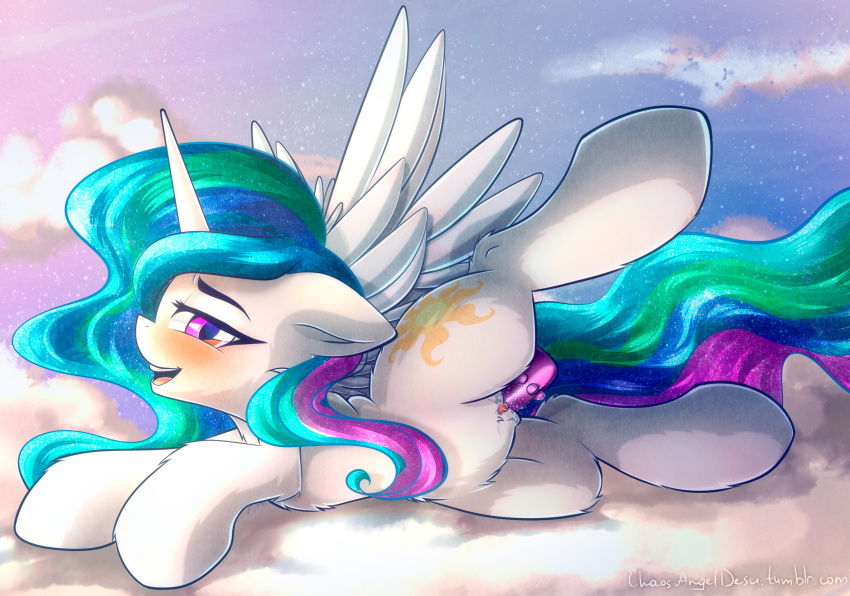 2018 alicorn blush chaosangeldesu clitoris cloud cutie_mark equine feathered_wings feathers female feral friendship_is_magic hair hi_res horn legs_up looking_at_viewer mammal multicolored_hair my_little_pony on_cloud open_mouth open_smile outside penetration princess_celestia_(mlp) purple_eyes pussy pussy_juice sex_toy smile solo spread_legs spreading vaginal_penetration vaginal_penetration wings