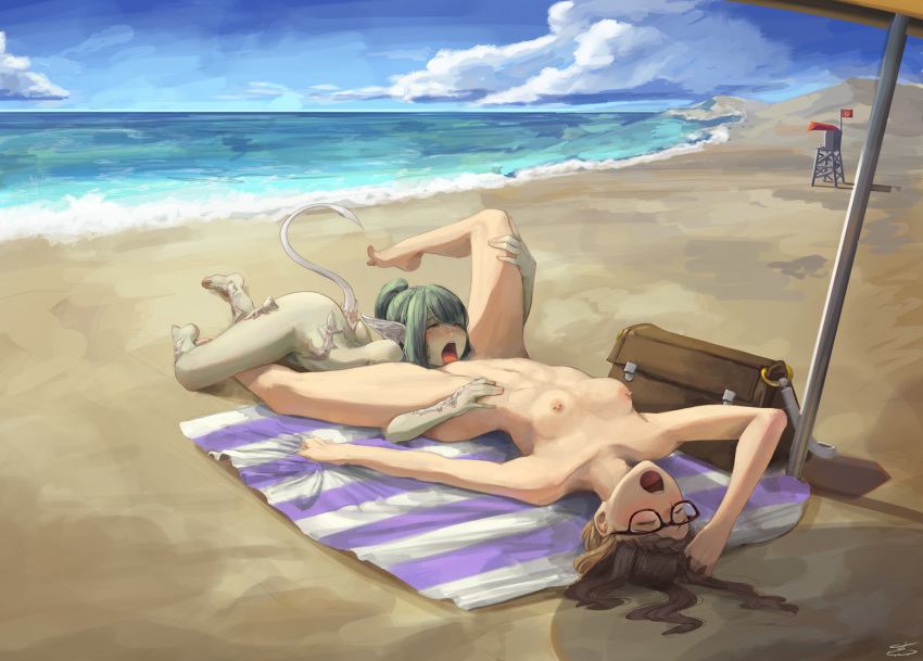 2girls au_ra beach blush braid breasts completely_nude cunnilingus extremely_large_filesize female final_fantasy final_fantasy_xiv freckles green_eyes green_hair green_skin high_resolution horns large_filesize megane multiple_girls nude ocean open_mouth oral ponytail raen sand scales shino_senkatsu sushimbombo tail tied_hair tongue tongue_out water yuri