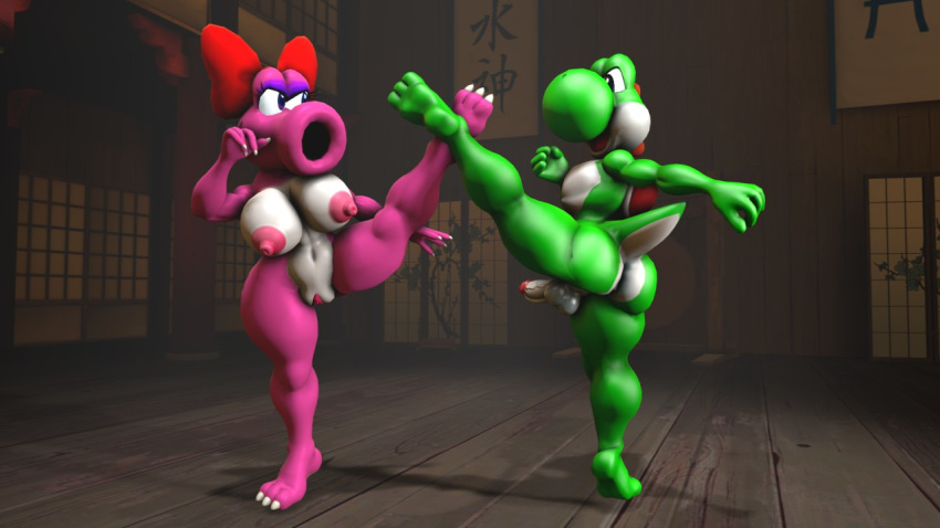 1boy 1girls 3d 3d_(artwork) acrobatic angry anthro ass balls barefoot big_breasts big_butt birdo breasts daemont92 dojo erection feet female fight flexible full_body girly green_yoshi hair_ribbon hairbow indoors kick looking_at_another male mario_(series) martial_arts nintendo nipples nude penis plump_labia pussy reptile ribbons scalie serious source_filmmaker sparring spreading standing testicles video_games yoshi