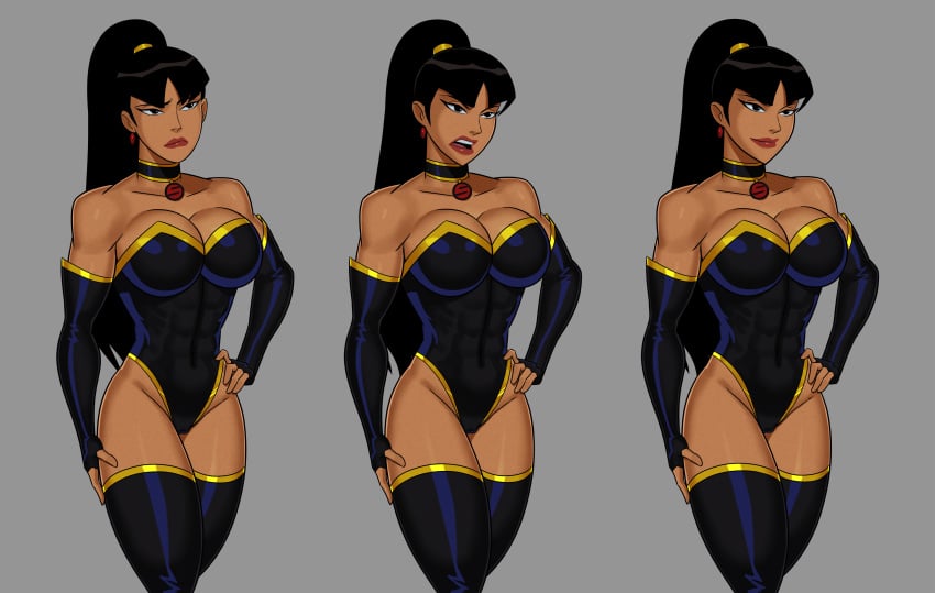 1girls abs angry bangs biceps black_elbow_gloves black_eyes black_hair black_leotard black_thighhighs cameltoe choker covered_breasts dc dc_comics dcuaom earrings elbow_gloves female female_only gold_trim hand_on_hip hand_on_leg hourglass_figure justice_league:_crisis_on_two_earths large_breasts leotard long_hair muscular muscular_female no_pubic_hair ponytail red_lips smile smirk solo sunsetriders7 superwoman superwoman_(mary_batson) thick_thighs thighhighs