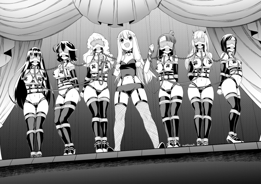 6+girls 7girls akko_kagari arms_behind_back auction black_and_white blindfold bondage bound bound_ankles bound_together breasts chains coffle collar darling_in_the_franxx diana_cavendish eudetenis femdom femsub forced_exposure gag gagged high_heels ichigo_(darling_in_the_franxx) kill_la_kill kiryuuin_satsuki leash linked_collar little_witch_academia long_hair matoi_ryuuko medium_breasts medium_hair monochrome multiple_girls multiple_subs panties pasties rope short_hair slave slave_auction small_breasts stage standing studio_trigger thighhighs very_long_hair x_pasties yuri zero_two_(darling_in_the_franxx)