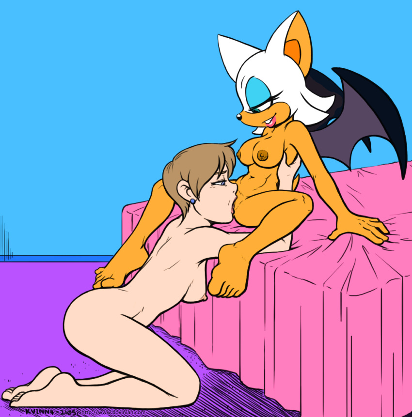 2girls anthro bat bed blue_eyes breasts brown_hair cunnilingus devouring_pussy duo ear_piercing edit erect_nipples female female_on_anthro female_only furry hair human human_on_anthro interspecies kneeling majike mammal nipples nude on_bed oral piercing rouge_the_bat sex short_hair simple_background sitting size_difference smile sonic_(series) topaz_(sonic_the_hedgehog) vkyrie yuri