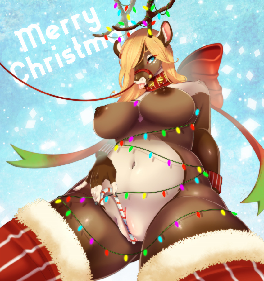 anthro antlers areola blep blonde_hair blue_eyes bondage breasts candy candy_cane cervine christmas christmas_lights clothing collar female femsub food hair hi_res holidays horn leash legwear low-angle_view mammal missaka mostly_nude naked_stockings navel nipples nude pussy reindeer solo stockings thighhighs tongue tongue_out