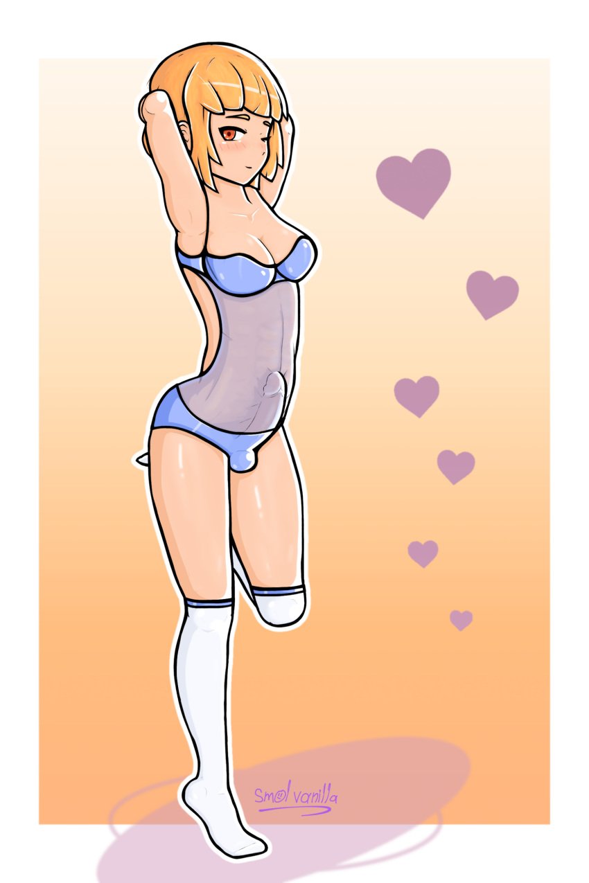 1futa abs arms_behind_head arms_up big_breasts big_penis blonde_hair blue_panties blue_underwear bulge cute dickgirl erection futa_only futanari hazel_eyes heart intersex intersex_only kneehighs kneesocks leg_lift leg_up leggings lingerie muscle muscles muscular original original_character penis penis_bulge penny_krieger pinup short_hair smolvanilla socks solo testicles text toned watermark white_socks wink winking