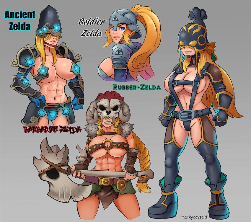 abs alternate_costume ancient_cuirass ancient_helm ancient_soldier_gear armor axe bad_censor barbarian barbarian_armor barbarian_helm barbarian_leg_wraps barbarian_link_(cosplay) belt big_breasts blonde_hair blue_eyes boots breasts breath_of_the_wild censored covered_nipples covering covering_crotch demigoddess eyes female futuristic gloves helmet huge_breasts link_(cosplay) markydaysaid muscles muscular muscular_female nintendo princess princess_zelda royalty rubber_armor rubber_helm rubber_set rubber_tights skull soldier soldier's_armor soldier's_helm soldier's_set soldier_link_(cosplay) text the_legend_of_zelda thick_thighs weapon weapons zelda_(breath_of_the_wild) zonai_barbarian_set