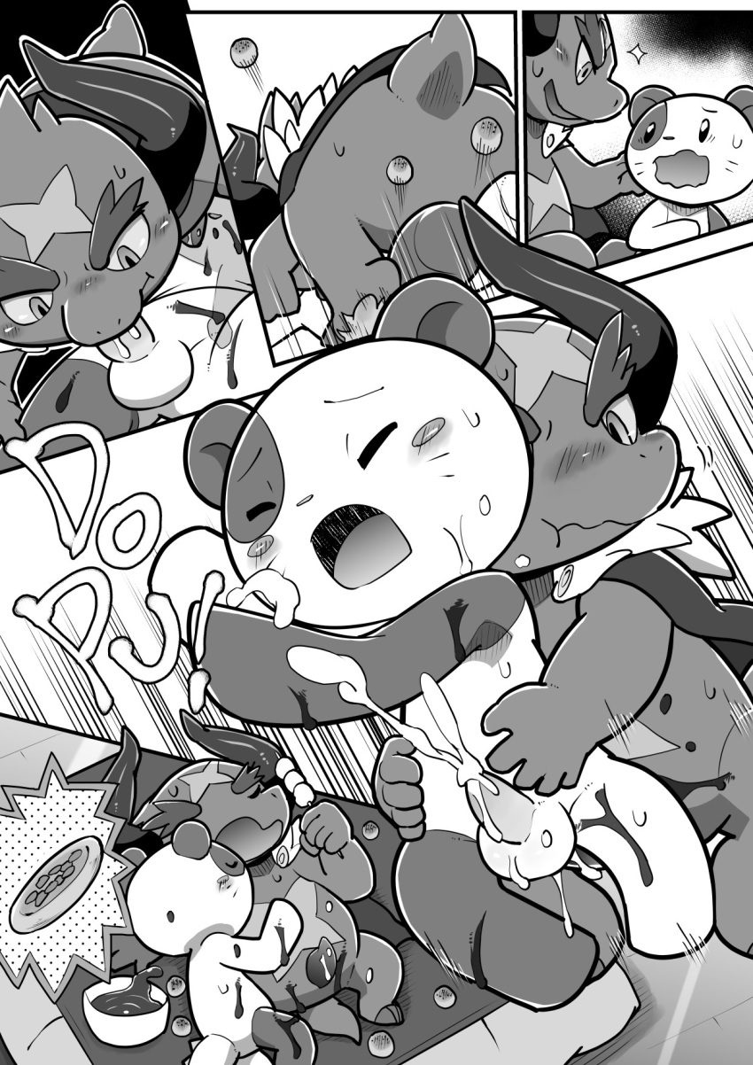 69_position abstract_background anal balls batzz_(buddyfight) bell black_and_white blush bowl cape chibi_panda_(buddyfight) closed_eyes clothing comic cuddling cum cum_drip cum_in_mouth cum_inside detailed_background dragon dripping drooling food food_play future_card_buddyfight male monochrome ofuro onion oral orgasm penis pizza saliva sauce sex table takoyaki vegetable yaoi