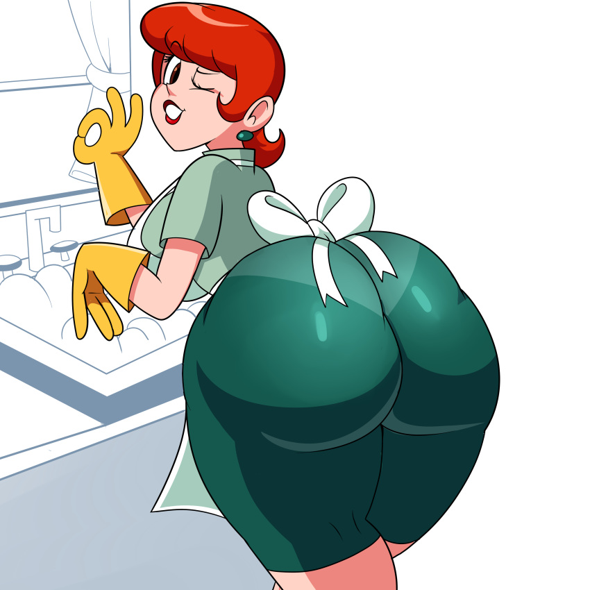 1girls apron ass_focus cowboy_shot dat_ass dexter's_laboratory dexter's_mom dishwashing earrings female female_only gloves green_shirt huge_ass indoors kitchen looking_at_viewer looking_back milf mother parted_lips raised_eyebrow red_hair red_lipstick rubber_gloves shirt short_hair shorts skin_tight smile solo superspoe tight_clothes washing wink