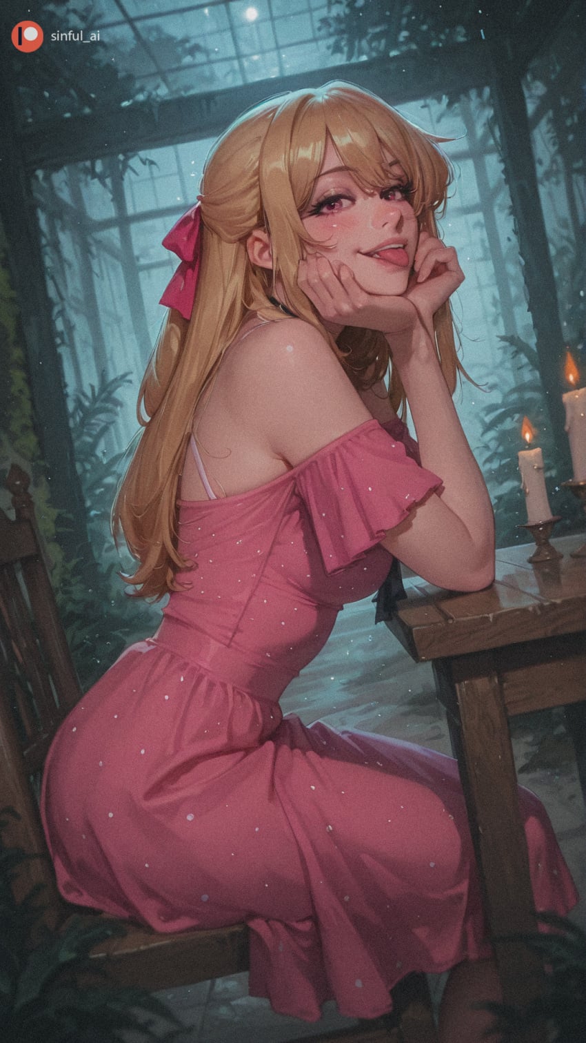 blonde_hair aisinful hi_res 1girl cityscape head_rest hand_on_own_cheek medium_breasts butt thick_thighs big_butt sitting city_lights looking_at_viewer hair_bow hand_on_own_face off_shoulder large_breasts park outdoors bush tree wide_hips big_boobs open_mouth pink_dress rain forest light_particles nature ai_generated pink_bow bench ass night_sky bow fireworks dress park_bench smile oshi_no_ko breasts blush night female rating:safe hands_on_own_face solo big_ass hoshino_ruby long_hair