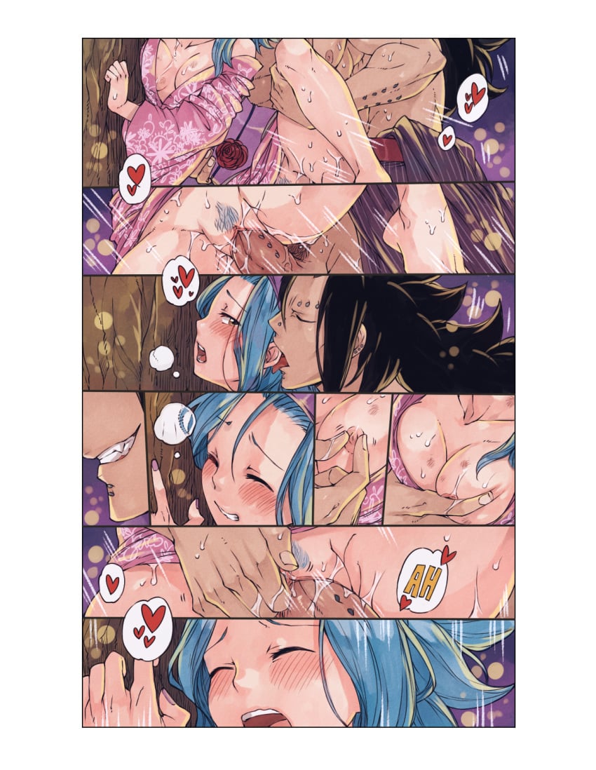 breast_grab breasts fairy_tail gajeel_redfox grin larger_male levy_mcgarden licking nipple_pinch nipples penis rusky sex size_difference smaller_female vaginal_penetration