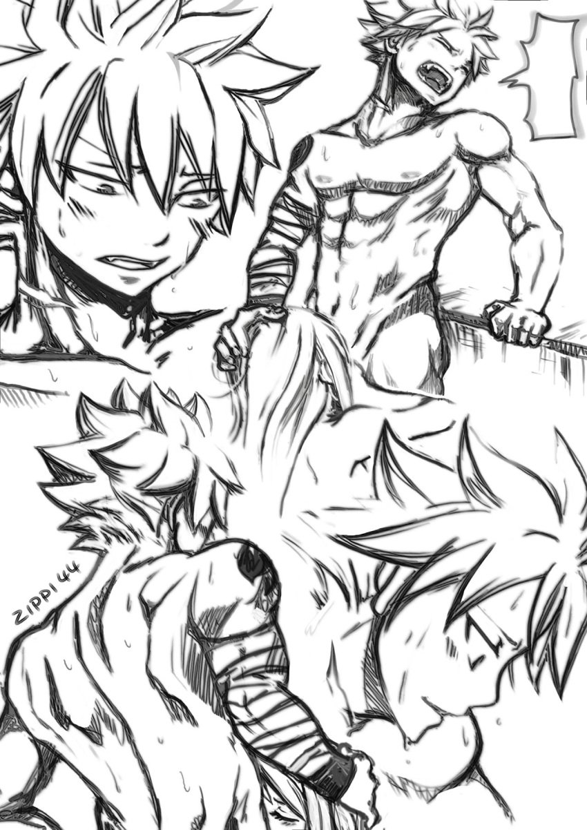 abs bandages black_and_white fairy_tail fellatio lucy_heartfilia naked natsu_dragneel zippi44