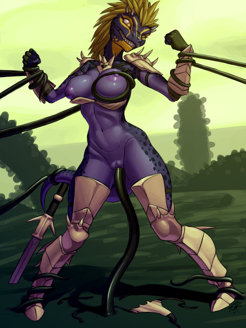 2018 anthro areola argonian armor bound breasts clothing female fingerless_gloves fist forced gloves ldr melee_weapon nipples outside penetration pussy rape scalie sharp_teeth solo standing sword teeth tentacle tentacle_rape the_elder_scrolls vaginal_penetration vaginal_penetration video_games weapon yellow_eyes