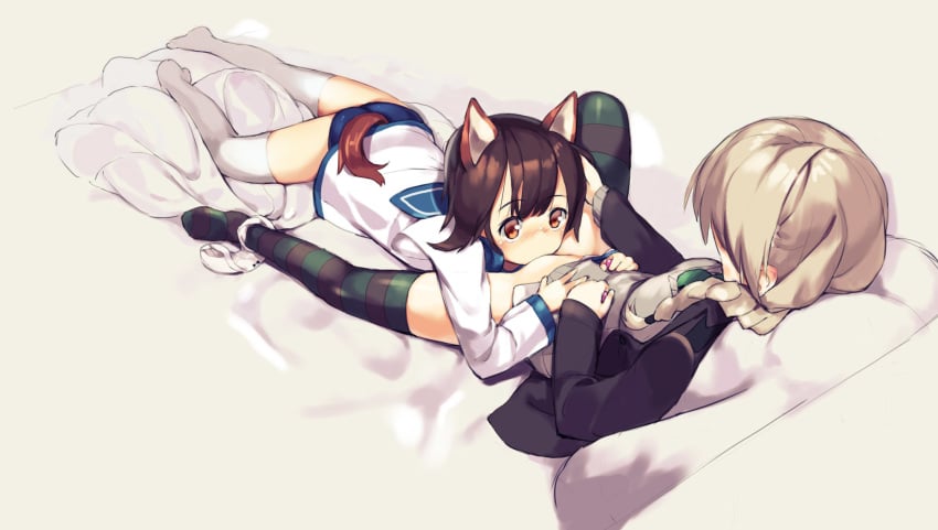 animal_ears ass black_jacket blazer blush braid brown_eyes brown_hair brown_sweater clothing cunnilingus dog_ears dog_tail green_neckwear groin hand_on_another's_head highres jacket long_hair lying lynette_bishop miyafuji_yoshika necktie no_pants on_back on_stomach one-piece_swimsuit oral panties panties_around_leg panty_pull ponytail school_swimsuit school_uniform serafuku shirt short_hair spread_legs stockings strike_witches striped striped_legwear sweater swimsuit swimsuit_under_clothes tail thighhighs underwear white_legwear white_panties white_shirt world_witches_series yuri zhongye_yu