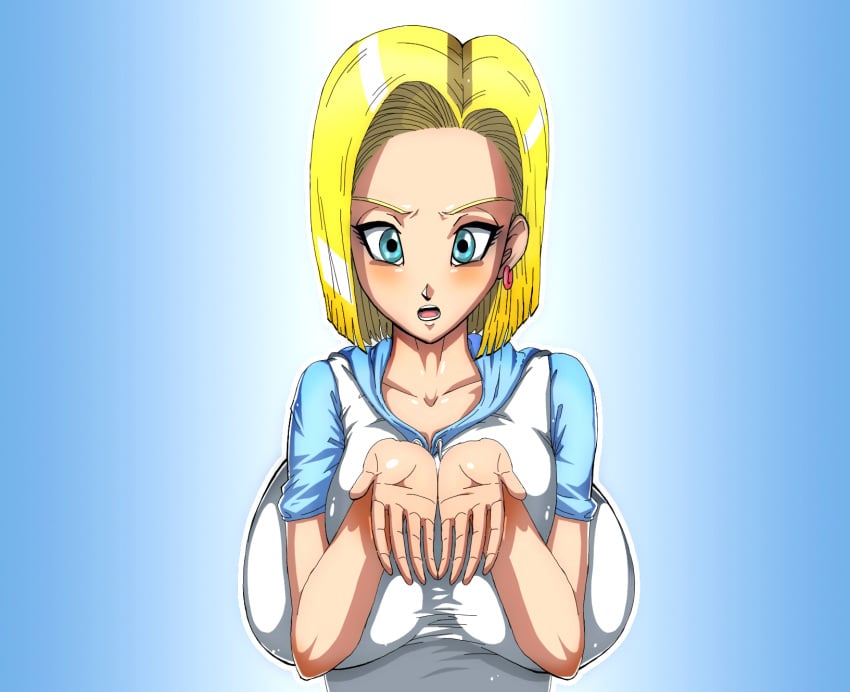 1girls android_18 basara blonde_hair blue_eyes blush breasts dragon_ball female female_only gigantic_breasts huge_breasts milf short_hair shounen_jump solo solo_female voluptuous