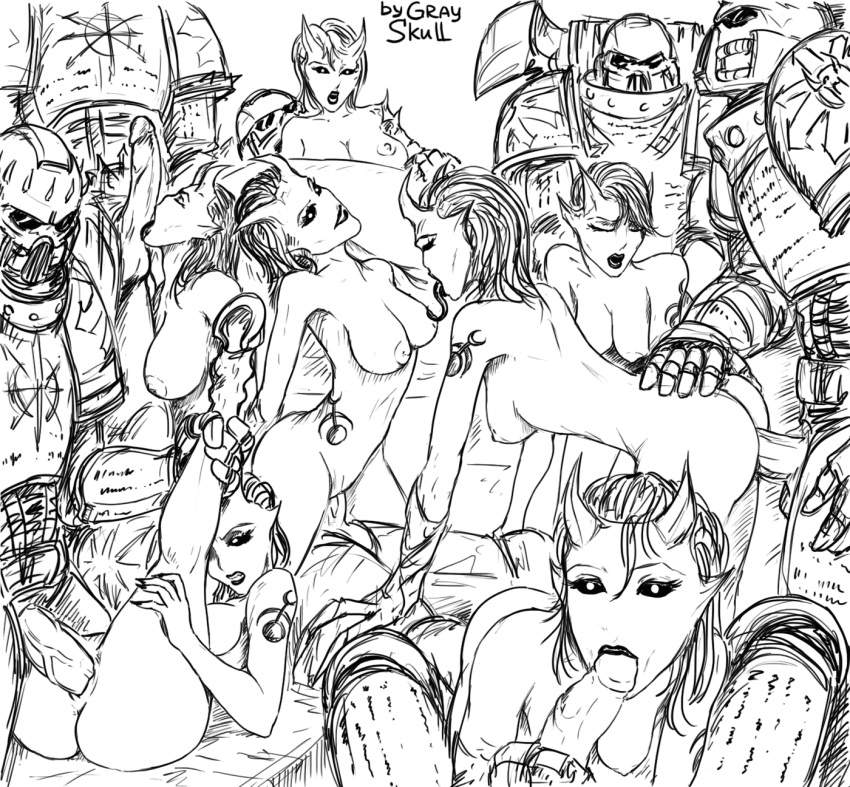 6+boys 6+girls 7boys 7girls areolae armor black_and_white breasts chaos_(warhammer) chaos_daemon chaos_space_marine daemonette erection fellatio female gray_skull group_sex horns male monochrome multiple_boys multiple_girls orgy penis power_armor pussy slaanesh tongue_out vaginal_penetration warhammer_(franchise) warhammer_40k