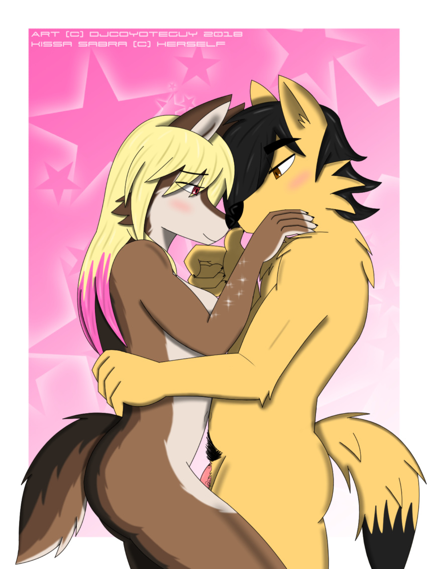 abstract_background anthro blonde_hair blush breasts canine couple_(disambiguation) coyote djcoyoteguy duo female hair hug male mammal navel nude penis pubes slightly_chubby smile straight wolf