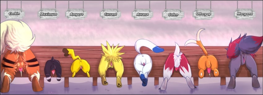 3_toes 4boys 4girls all_fours ampere_(character) anus arcanine ass aurora_(character) black_border black_fur black_pawpads black_tail blue_fur blue_paws bondage bound buizel claws corbin cosplay_pikachu current_(character) dipstick_tail eeveelution female femsub fluffy fluffy_tail fur furry galen_(character) garruuk glaceon houndour jolteon lineup lycanroc male male_and_female_subs malesub markings maximum_(character) midnight_lycanroc morgana_(character) multicolored_tail multiple_subs nintendo orange_fur original_character otterpop_(character) pawpads penis pikachu pokemon pokemon_(species) pokemon_bw pokemon_dppt pokemon_gsc pokemon_rgby pokemon_sm precum presenting presenting_hindquarters pussy rear_view red_fur red_penis sign socks_(marking) stocks stripes take_your_pick testicles text thick_thighs toes video_games watermark white_fur white_pawpads white_tail wide_hips yellow_fur zoroark