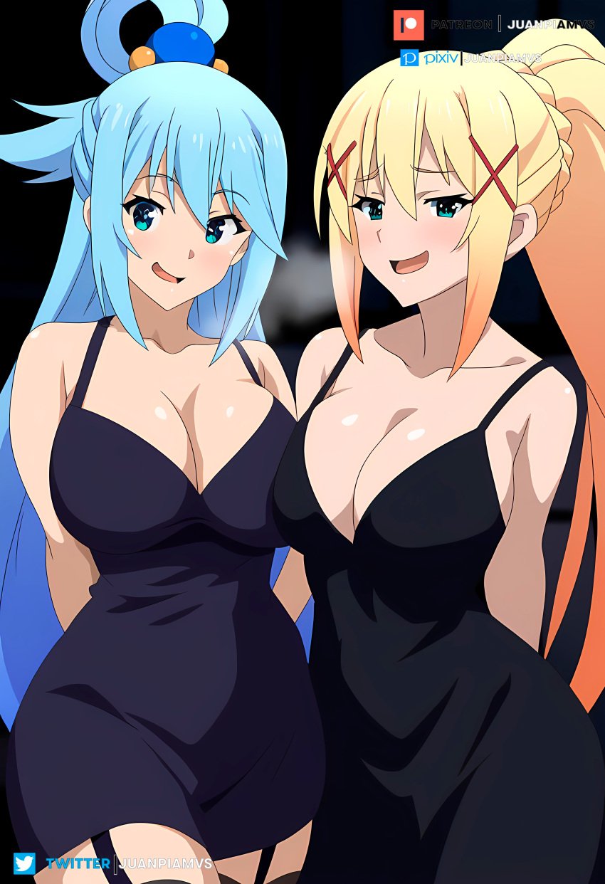 2girls ai_generated aqua_(konosuba) aqua_eyes aqua_hair big_breasts black_dress blonde_hair blue_eyes curvy curvy_figure darkness_(konosuba) dress female female_only hair_ornament juanpi_amvs kono_subarashii_sekai_ni_shukufuku_wo! long_hair multiple_girls patreon patreon_username ponytail watermark yellow_eyes